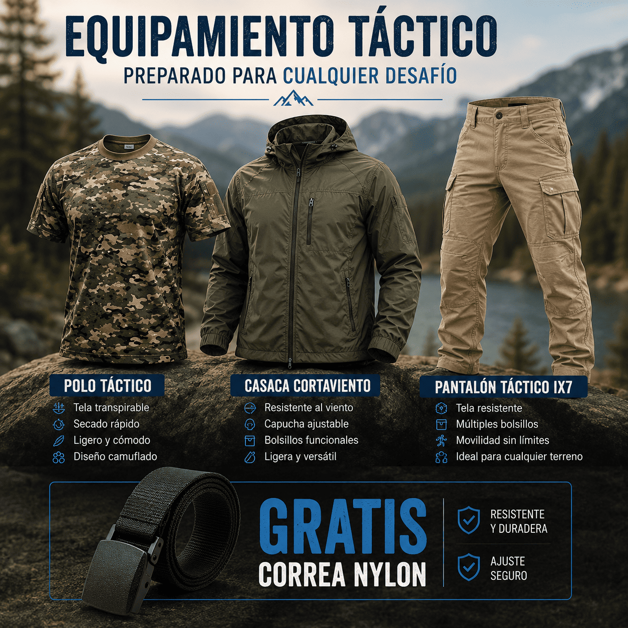 COMBO TÁCTICO - DIA DEL PADRE | Pantalón IX7 táctico + Polo táctico + Casaca Cortaviento + Correa Nylon Gratis