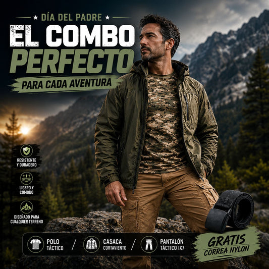 COMBO TÁCTICO - DIA DEL PADRE | Pantalón IX7 táctico + Polo táctico + Casaca Cortaviento + Correa Nylon Gratis